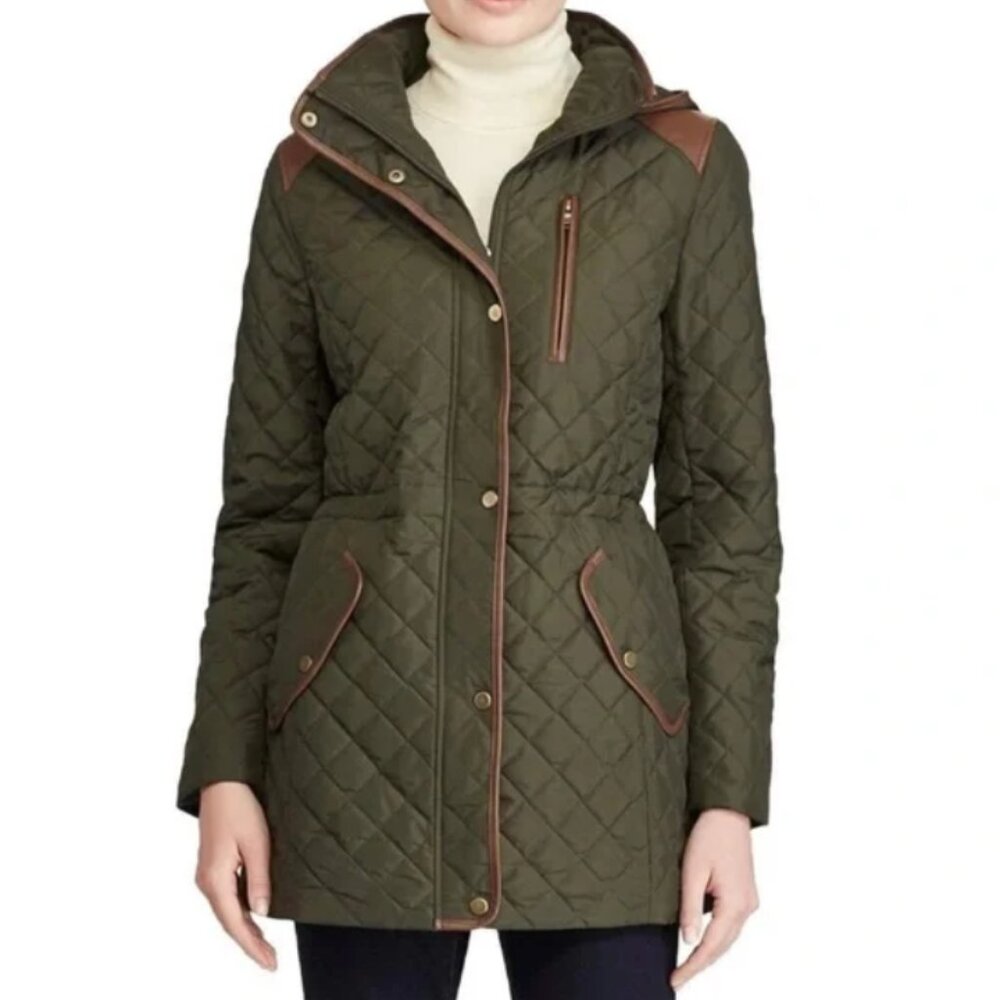 NWT Medium Green Faux Leather Diamond Quilted Hooded Jacket Lauren Ralph Lauren